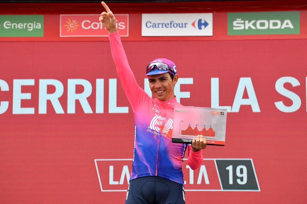 Sergio Higuita on the podium after his stage victory