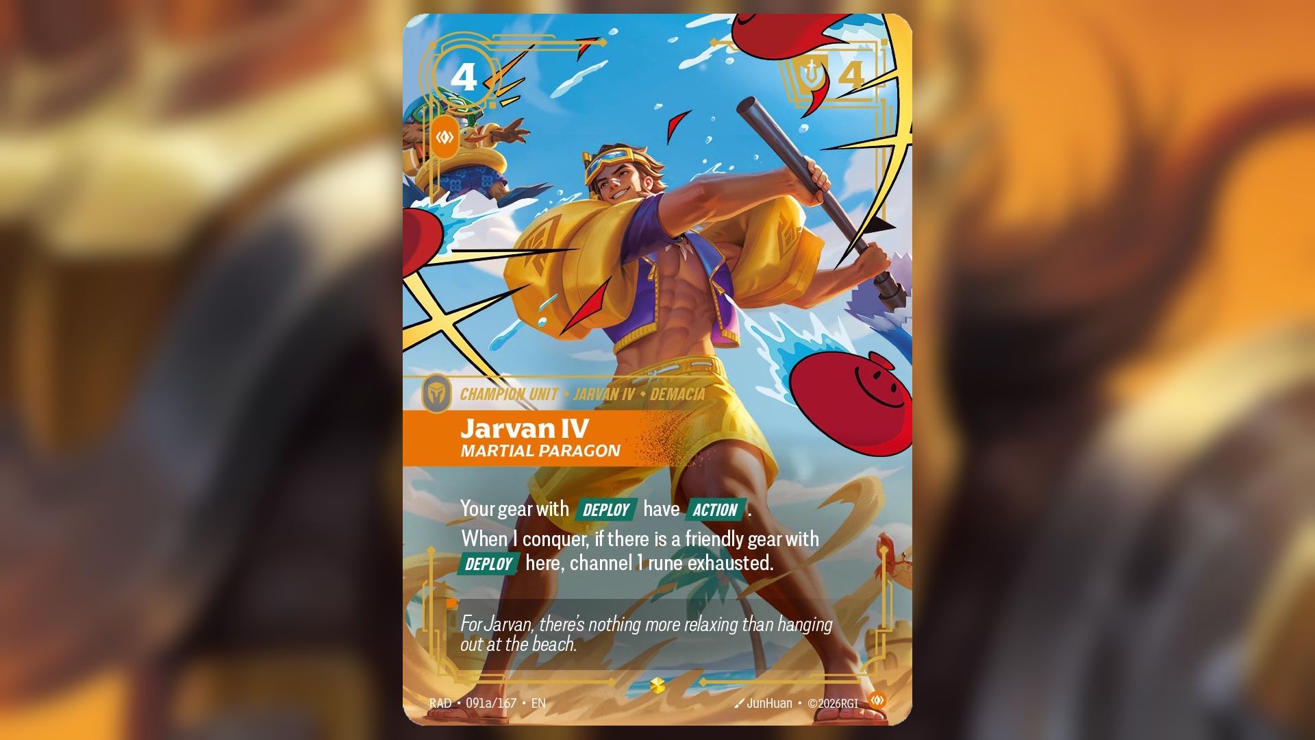 Riftbound: Radiance Jarvan IV card art for alt beach skin with text of abilities