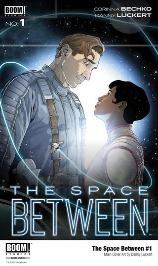 artwork for a comic book cover showing a man and woman wearing spacesuits and looking into each others' eyes