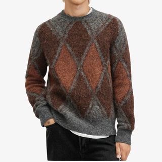 flat lay image of brown argyle jumper