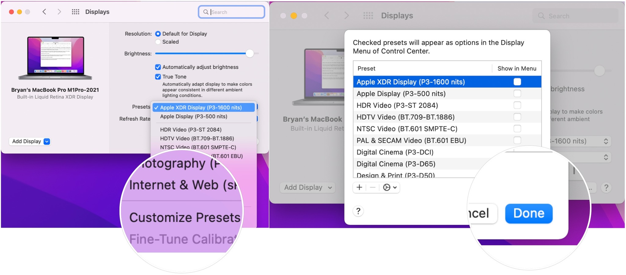 To choose a favorite reference mode, click the Presets pop-up menu, then select Customize Presets. Choose the reference modes you want. Click Done.