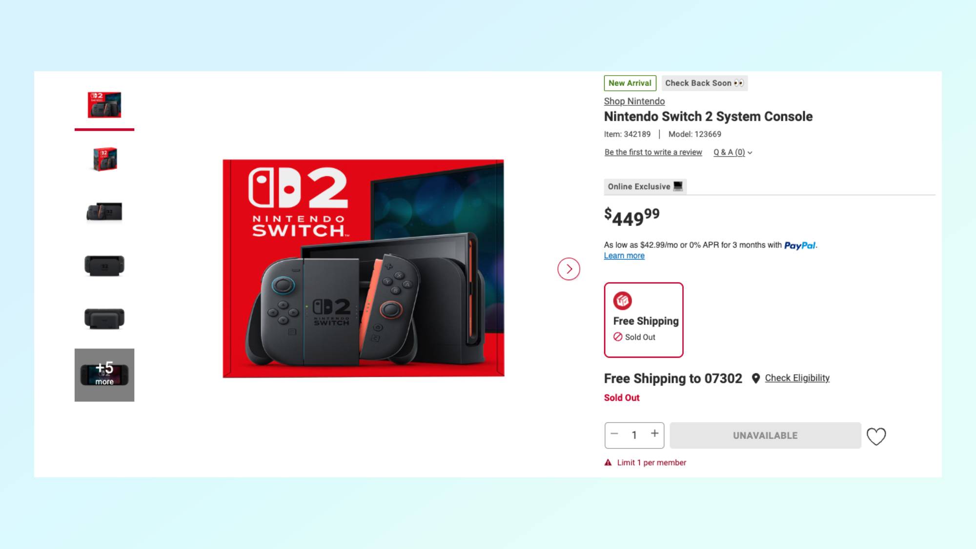 BJs Switch 2 listing showing sold out
