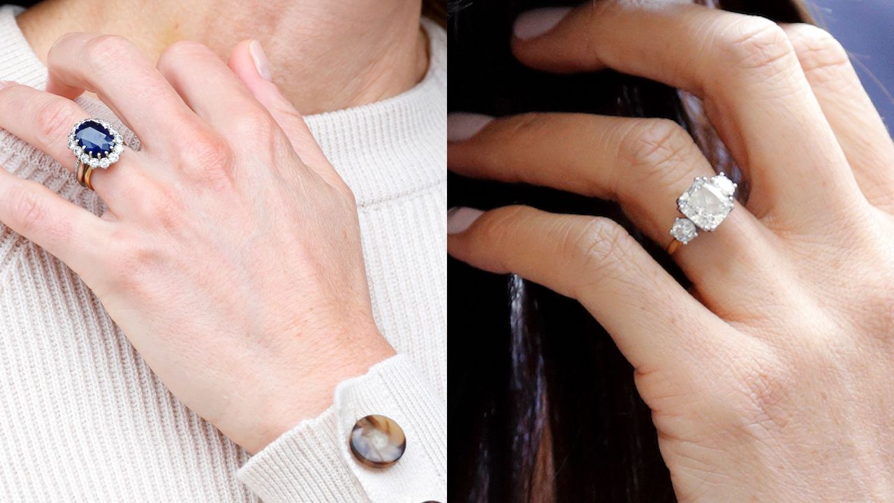 Kate Middleton&#039;s hand showing her sapphire engagement ring next to Meghan Markle&#039;s hand showing her diamond ring