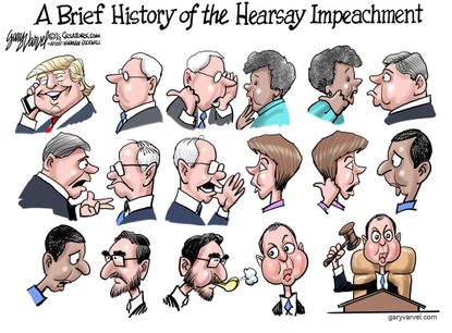 Political Cartoon U.S. Trump Schiff Norman Rockwell Hearsay Impeachment