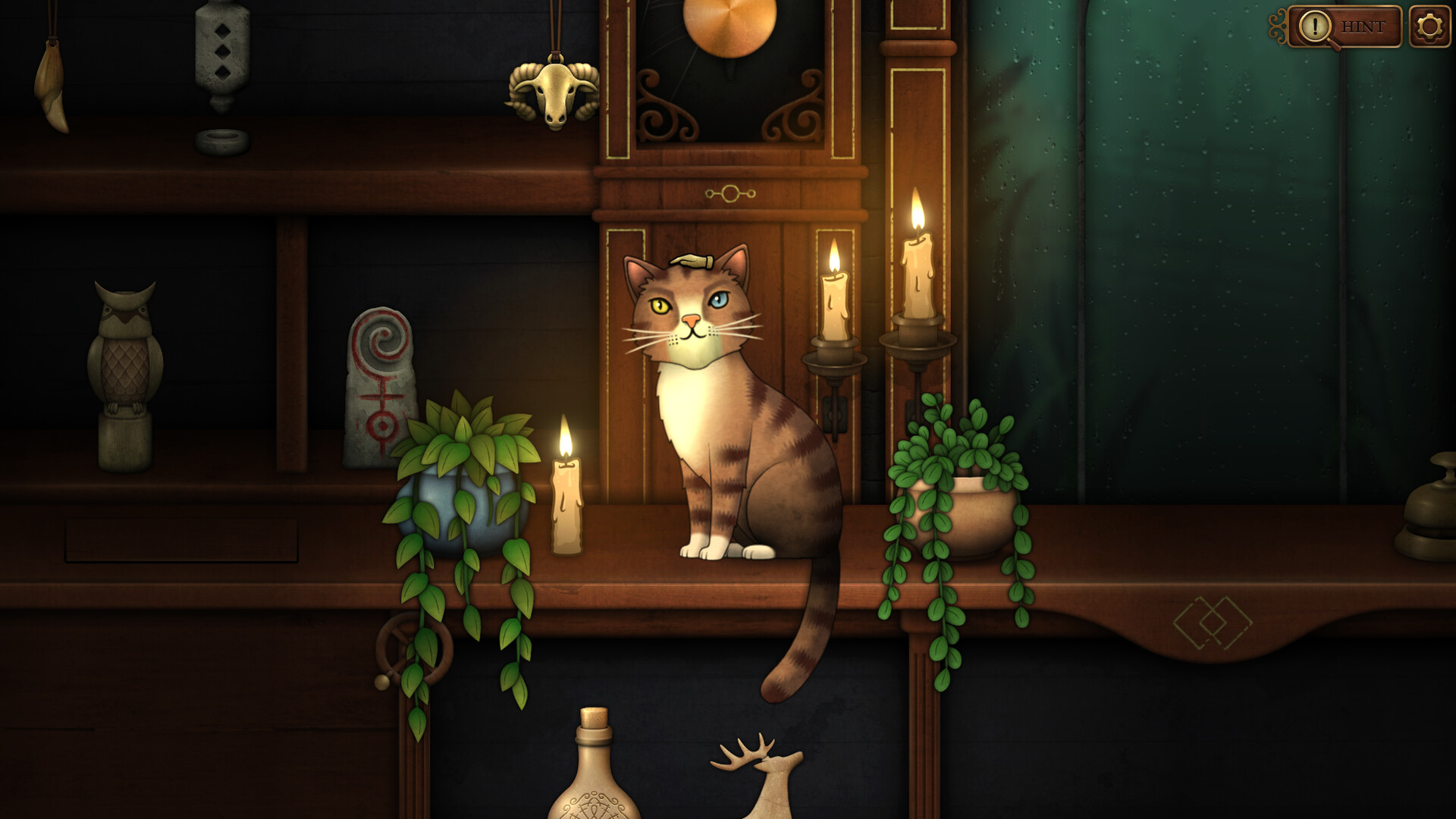 In atmospheric puzzle detective game, Strange Antiquities, the player pets the store's cat in a candle-lit room