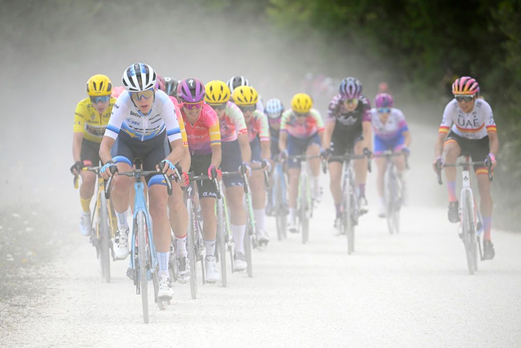 BARSURAUBE FRANCE JULY 27 Ellen Van Dijk of Netherlands and Team Trek Segafredo leads the peloton through gravel roads during the 1st Tour de France Femmes 2022 Stage 4 a 1268km stage from Troyes to BarSurAube TDFF UCIWWT on July 27 2022 in BarsurAube France Photo by Bernard Papon PoolGetty Images