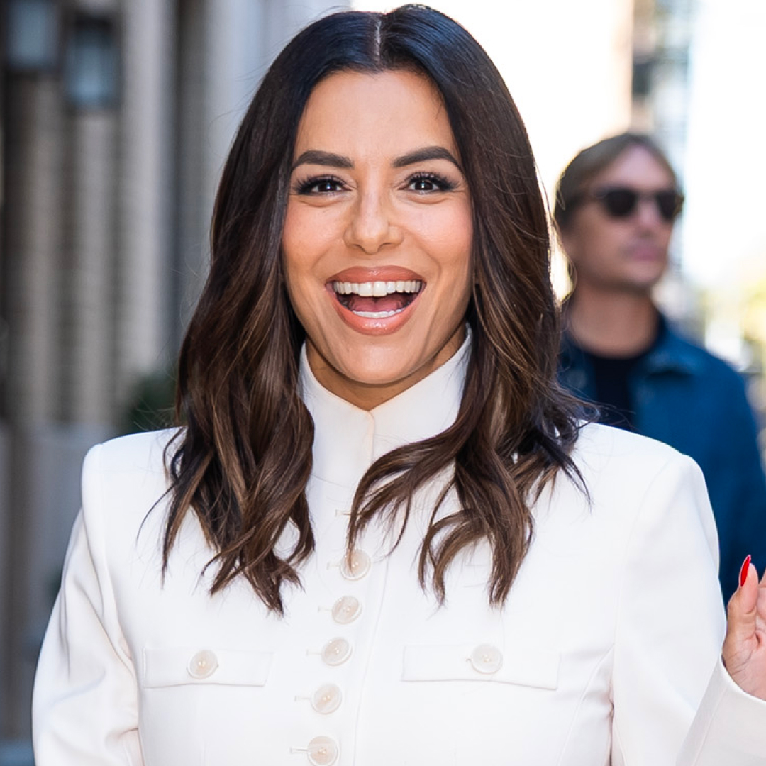 Eva Longoria wore a white skirt set inspired by the military jacket trend in NYC