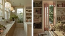 two side by side images of a vintage rustic home with soft neutral kitchen and an office with shelves and pink doors onto a balcony