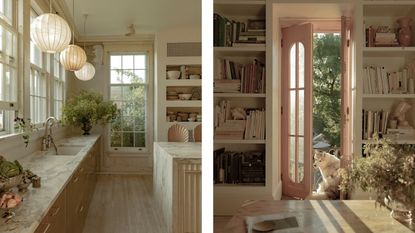 two side by side images of a vintage rustic home with soft neutral kitchen and an office with shelves and pink doors onto a balcony