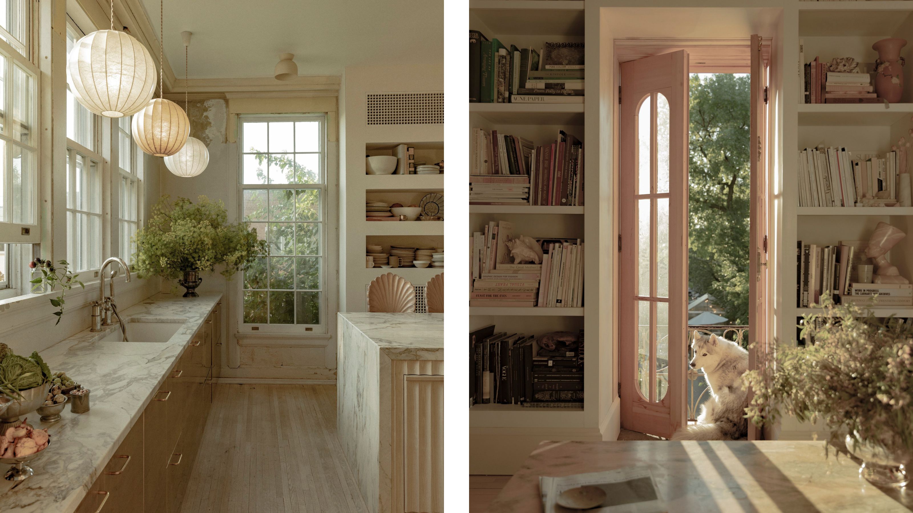 two side by side images of a vintage rustic home with soft neutral kitchen and an office with shelves and pink doors onto a balcony
