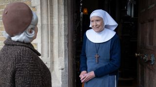 Sister Monica Joan at the door of Nonnatus House in in Call the Midwife season 14 episode 1