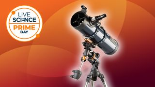 Celestron AstroMaster 130EQ on an orange background