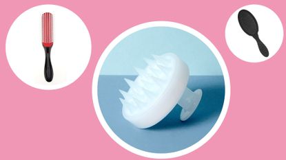 Three of the best brushes for curly hair products in white circles on a pink background.