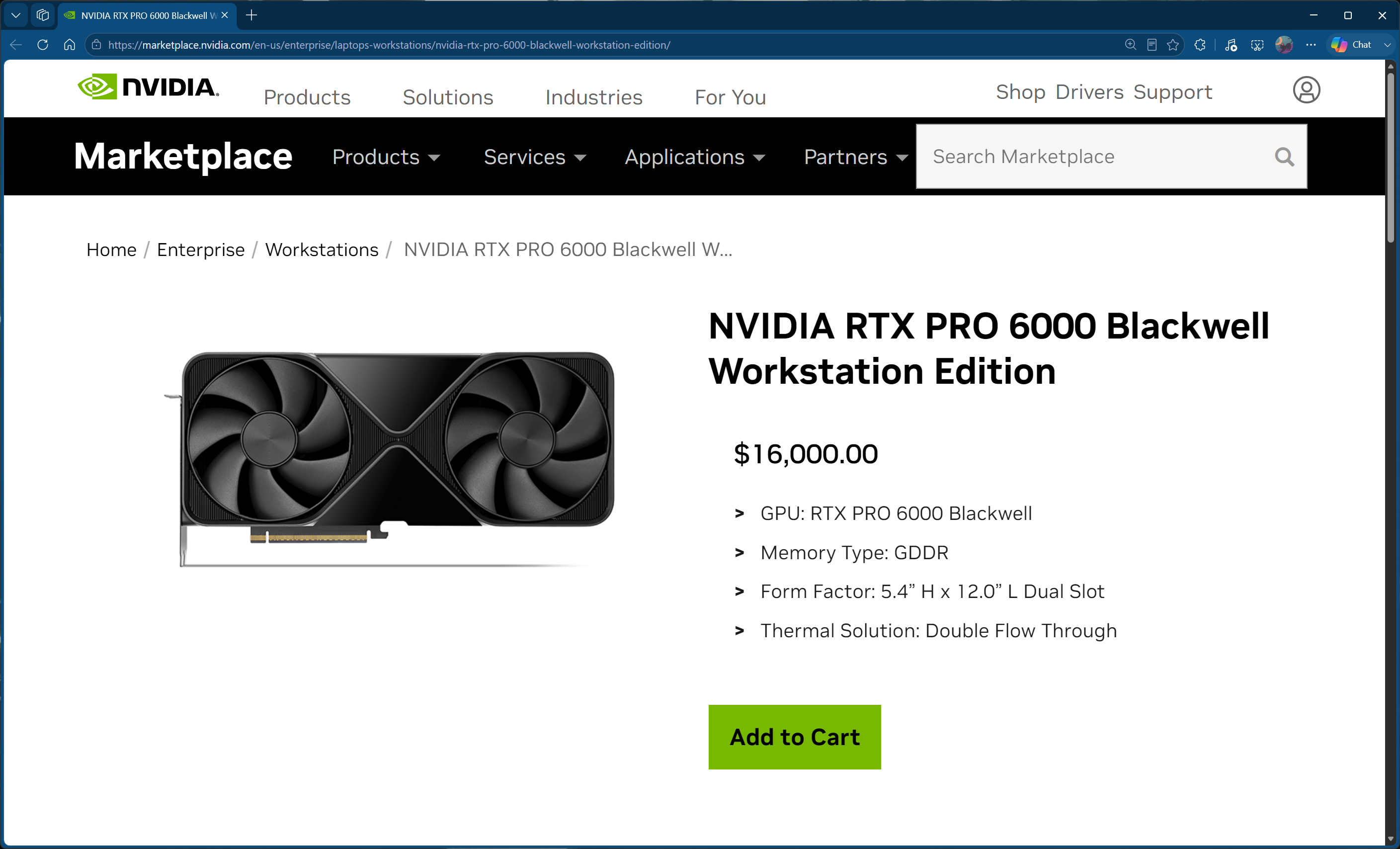 Nvidia RTX Pro 6000 Blackwell Workstation Edition listed for $16,000 on Nvidia's US Marketplace