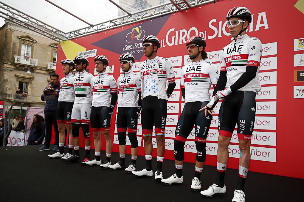 UAE Team Emirates on stage before the start of stage 3 at Giro di Sicilia