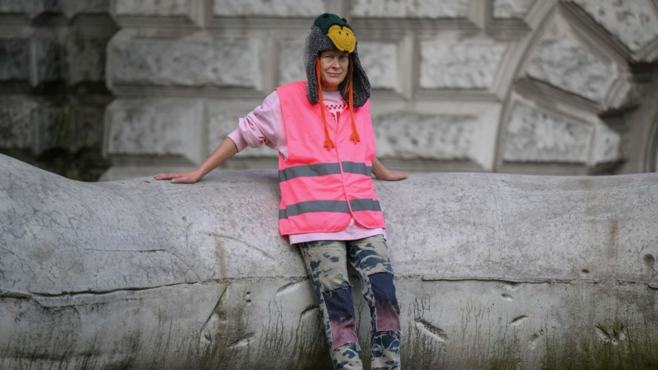 Sarah Lucas poses next to her concrete marrow sculptures called &#039;Kevin and Florian&#039;, outside Tate Britain