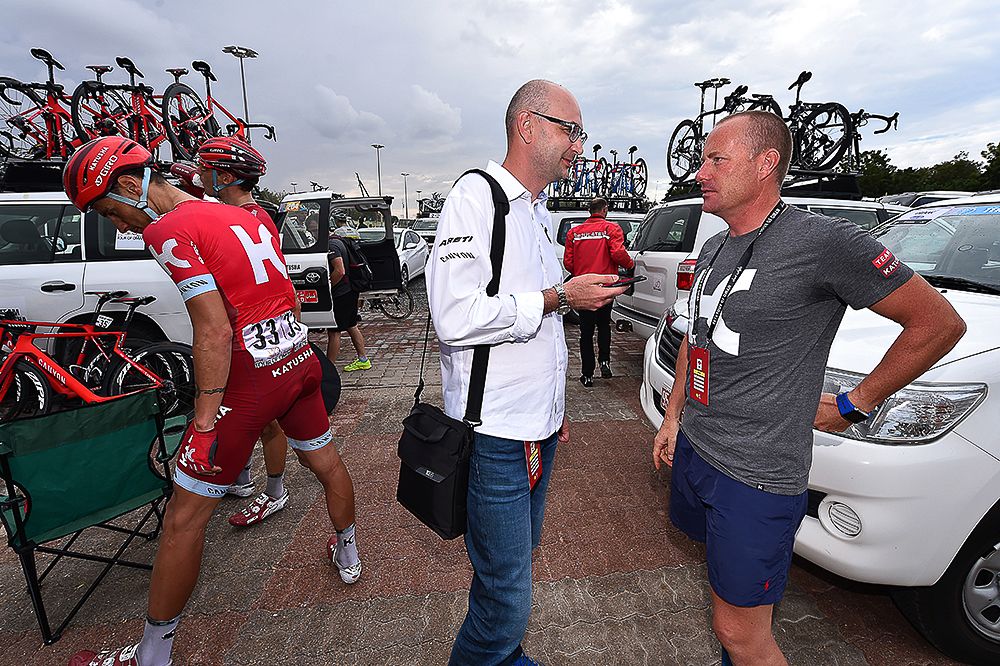 Katusha riders gather at the end of stage 2 in Oman.