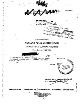 The cover of the "condensed" version of the many Project Orion studies. Classified for many years, it was released to the public long after the project was terminated.
