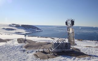 A GPS station stands at a site on Backer Islands, a chain of small islands in Cranton Bay, Antarctica.