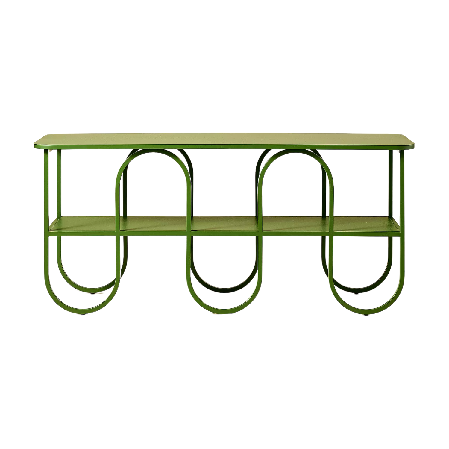 A curved green iron storage console from Urban Outfitters