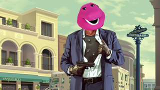 An image of Michael from GTA 5, his head overlaid by that of Barney the Dinosaur.