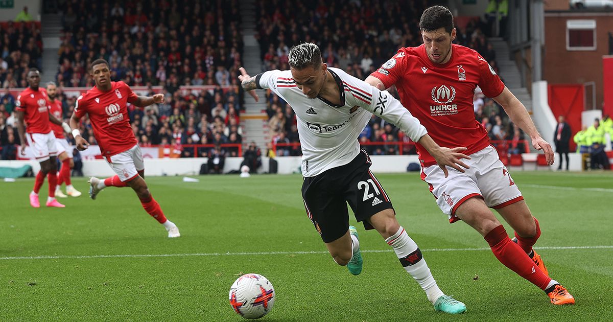 Antony of Manchester United celebrates scoring their first goal during the Premier League match between Nottingham Forest and Manchester United at City Ground on April 16, 2023 in Nottingham, England. 