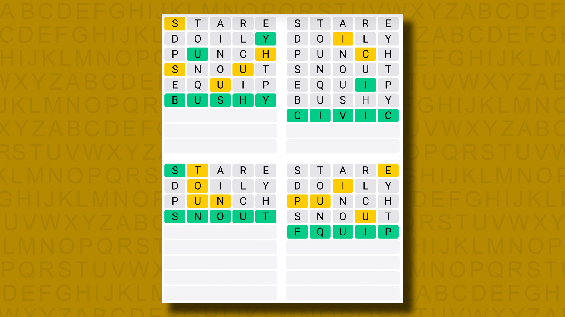 Respuestas de Quordle para el juego 978 sobre un fondo amarillo