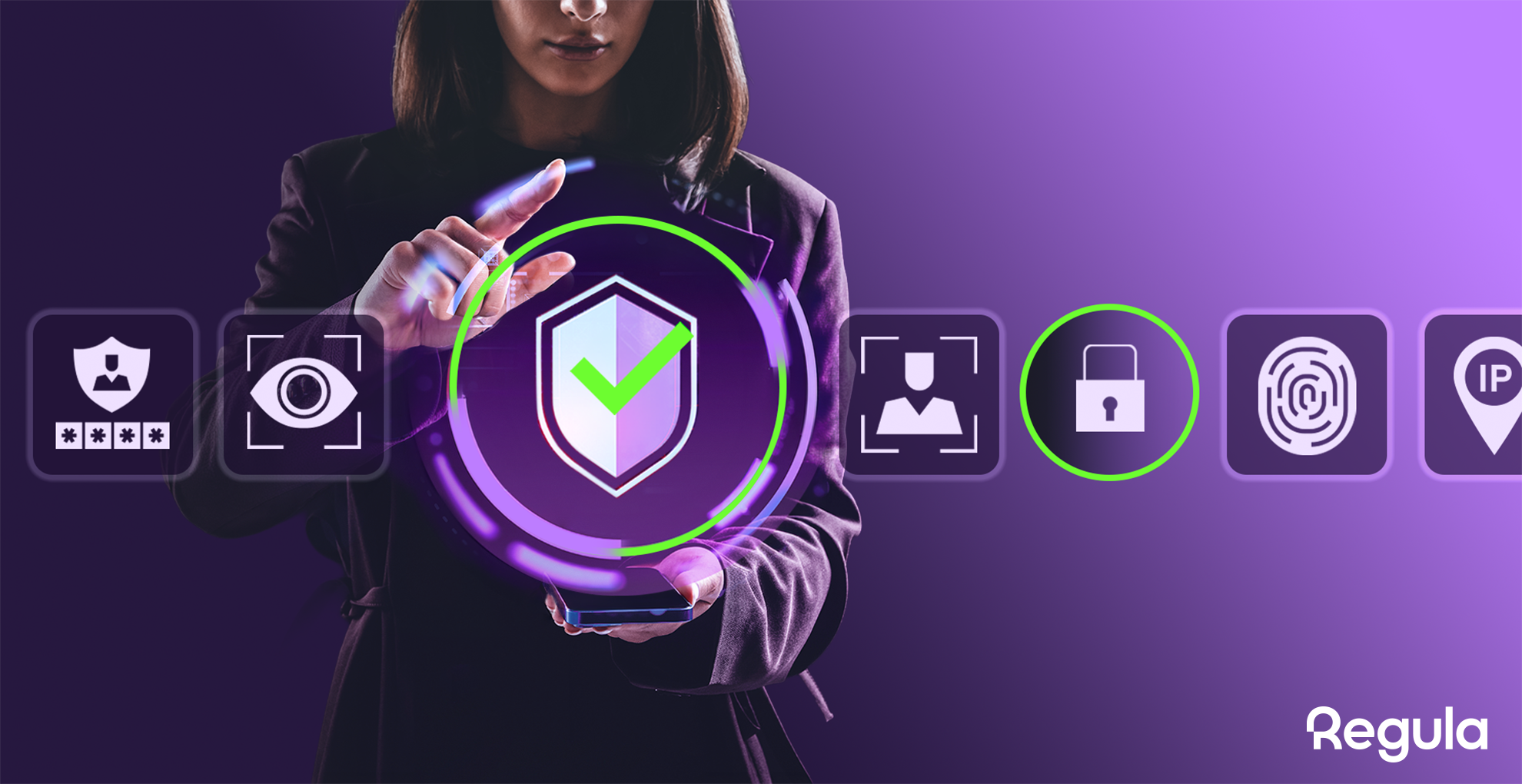 Female standing behind icons depicting security technologies