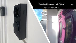 Split image of Aqara video doorbell on wall, and screengrab from Aqara app showing footage from doorbell camera