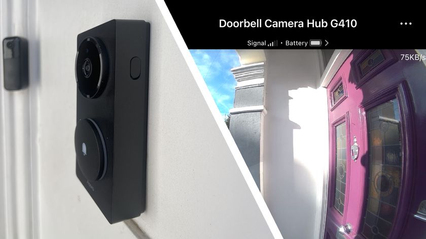 Split image of Aqara video doorbell on wall, and screengrab from Aqara app showing footage from doorbell camera