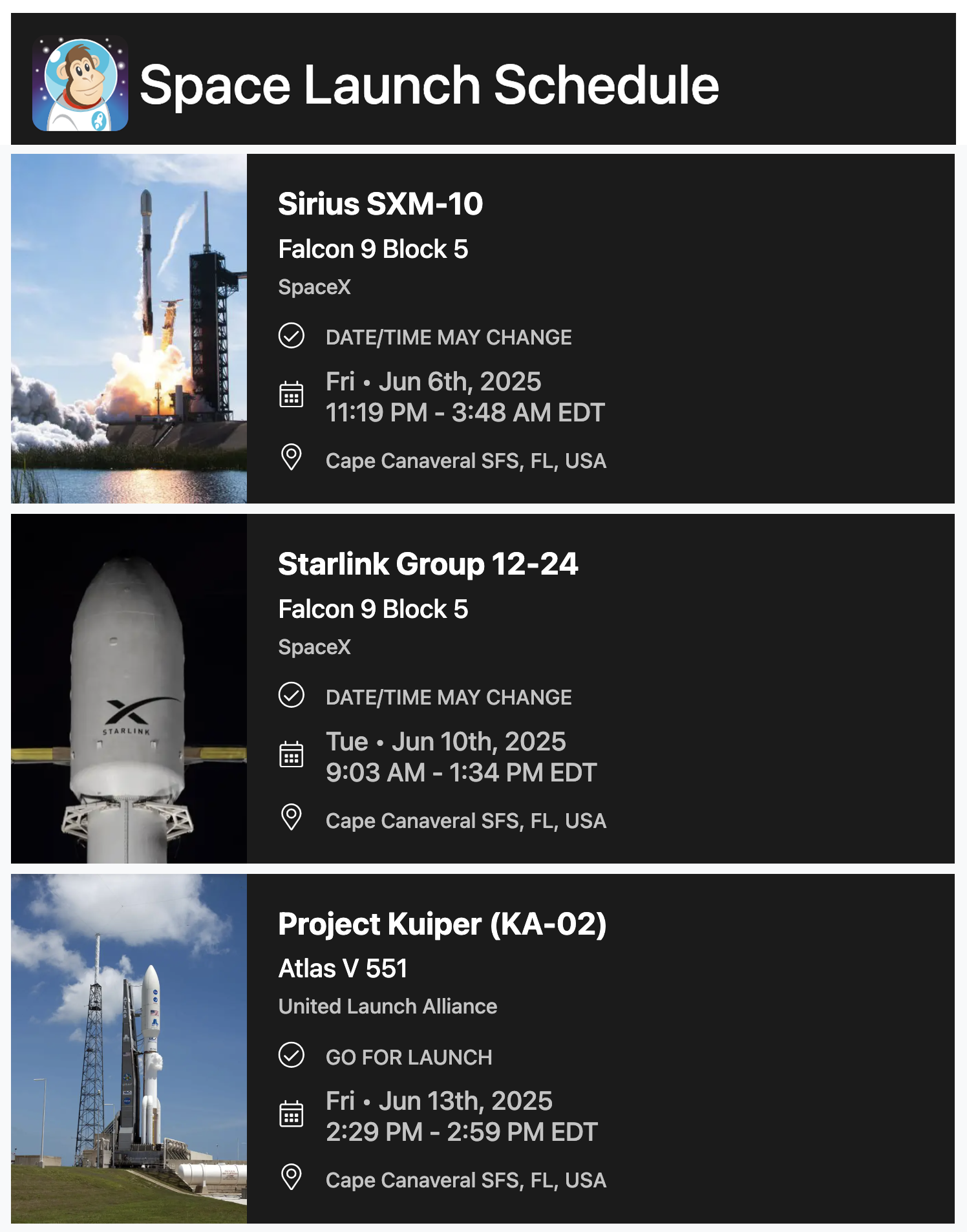 Cape Canaveral SFS updated schedule of all the rocket launches