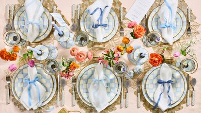 Mackenzie-Childs 'Sky Check' tableware styled in a layered floral-accented tablescape for Mother's Day