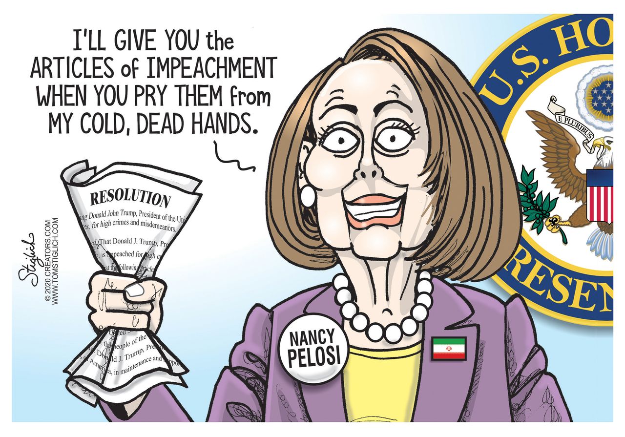 Political Cartoon U.S. Pelosi Holding On To Articles Of Impeachment Trump