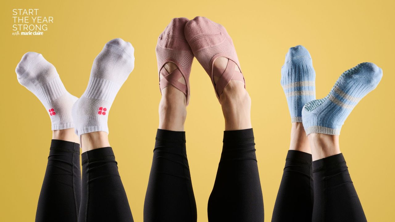 Senior Health Editor Ally Head testing some of the best Pilates socks from Sweaty Betty and Alo Yoga