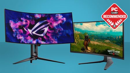 The Asus ROG Swift OLED PG34WCDM and the Alienware 34 QD-OLED AW3423DWF ultrawide gaming monitors on a blue buying guide background with a PC Gamer recommended logo in the top right 