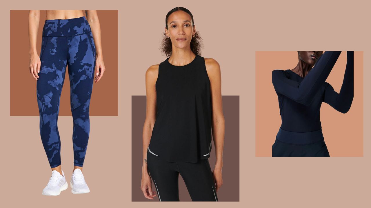 Sweaty Betty Power leggings, black running vest, and long-sleeve Athlete top, all in the Sweaty Betty sale