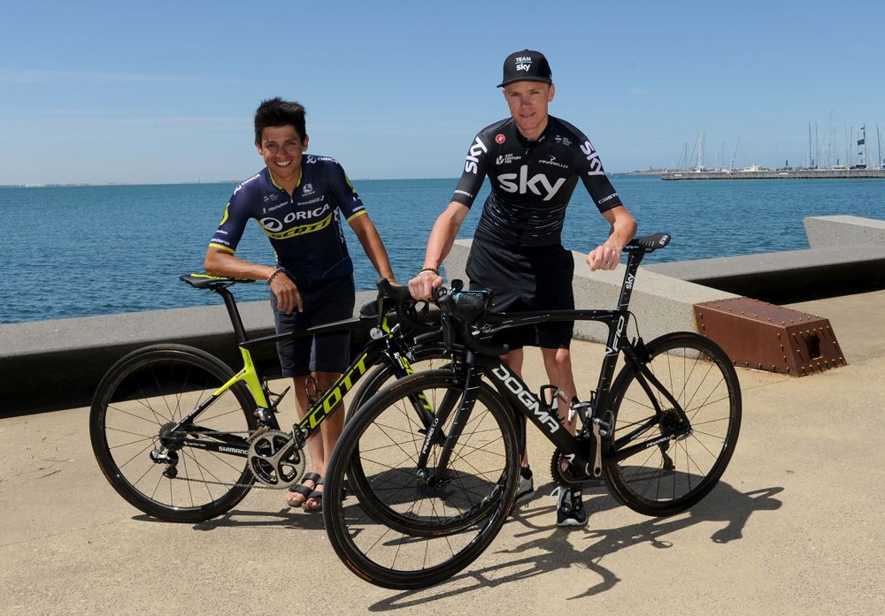 Chris Froome and Esteban Chaves with their bikes