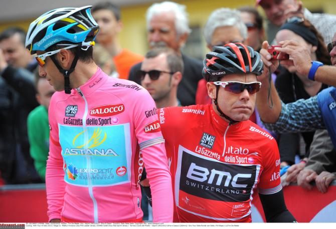 Cadel Evans (BMC) at the 2013 Giro in red just behind the overall winner Vincenzo Nibali (Astana)