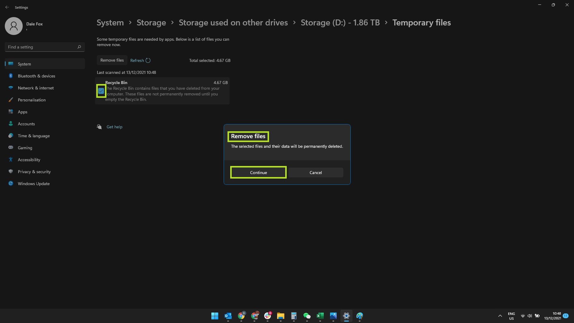 Screenshot of Windows 11 temporary files folder on Storage menu with 