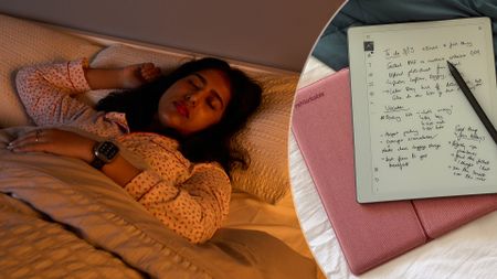 On the left, a woman lies in bed asleep in the dark. On the right, a close up of a reMarkable Paper Pure tablet covered in notes, lying on a mattress