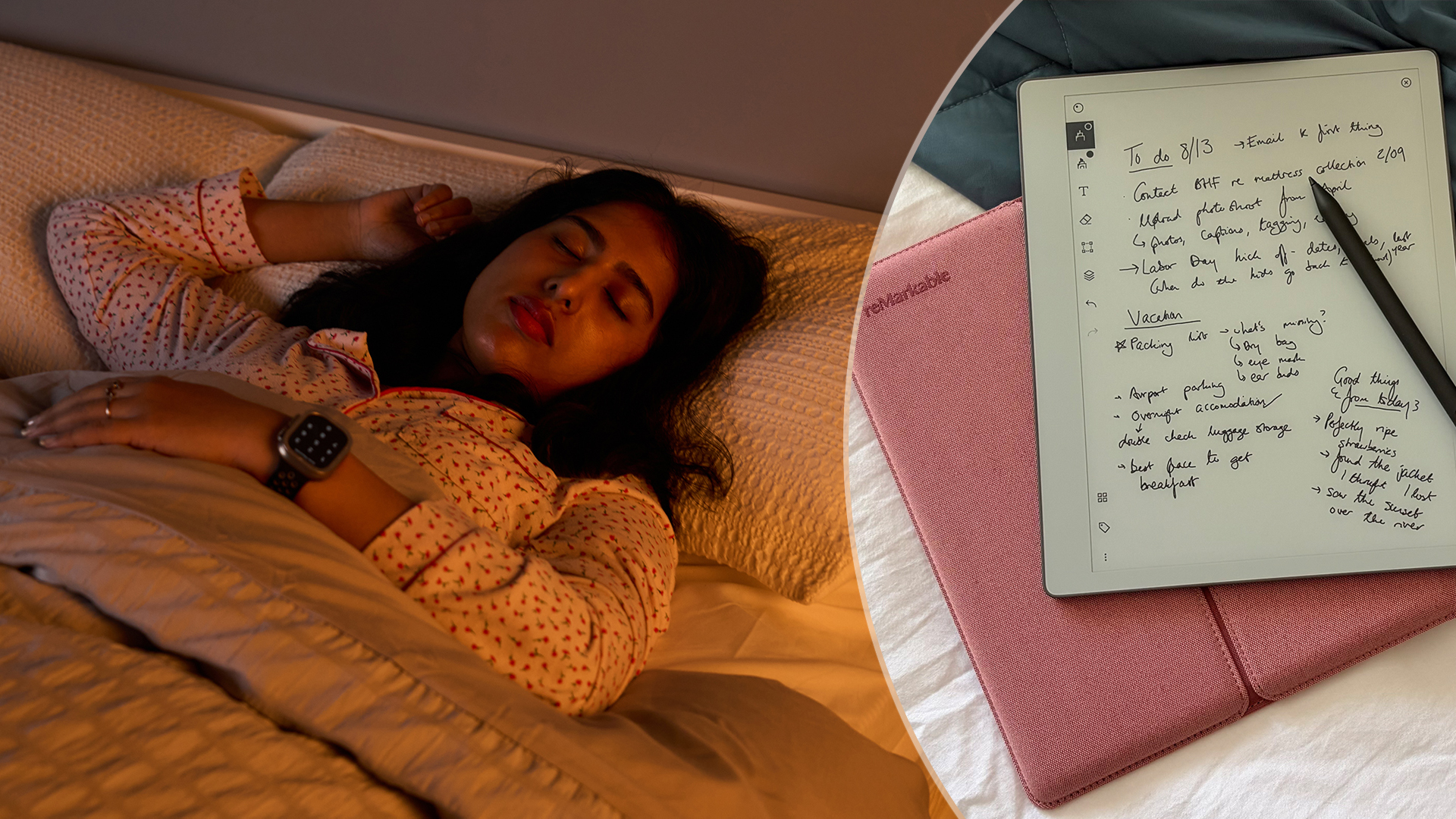 On the left, a woman lies in bed asleep in the dark. On the right, a close up of a reMarkable Paper Pure tablet covered in notes, lying on a mattress