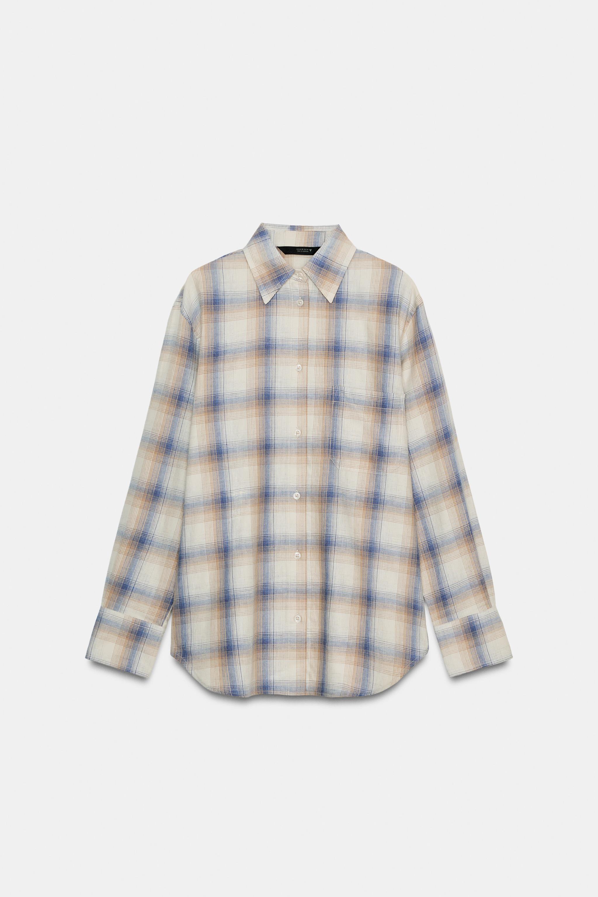 Oversized Plaid Pocket Shirt - Sand / Blue - Xs
