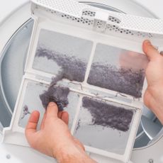 Man removing dryer lint from trap