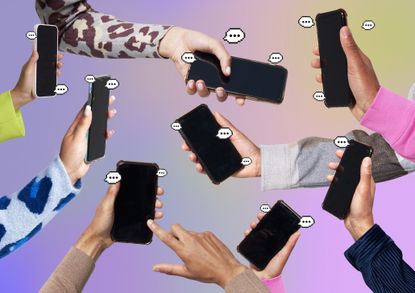 Several hands holding smartphones with cartoon speech bubbles popping out of them