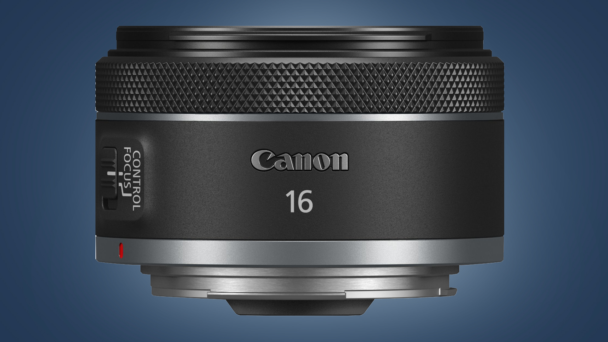 The Canon RF 16MM F2.8 STM lens on a blue background