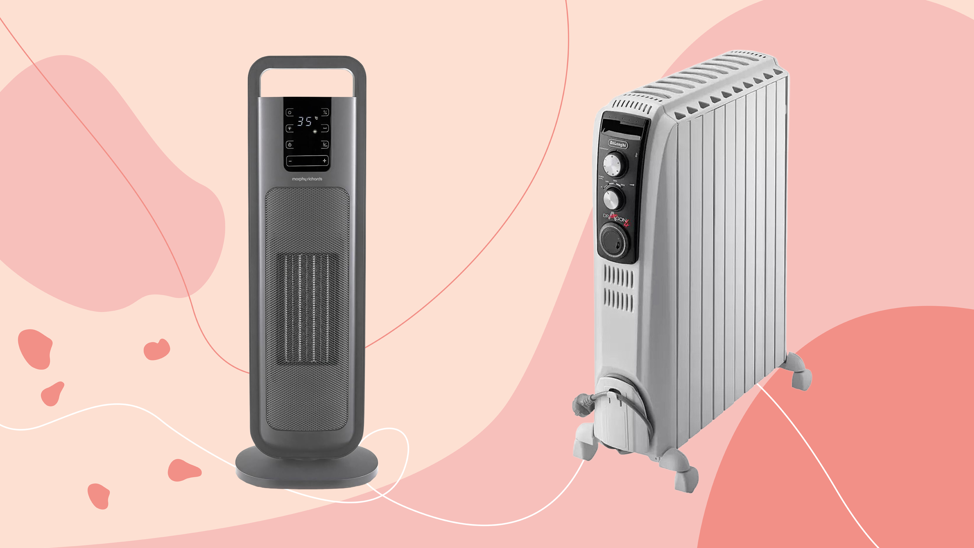 The Morphy Richards HeatFlux Ultra Thin Ceramic Tower Fan and De'Longhi Dragon 4 oil-filled radiator side by side on a patterened background