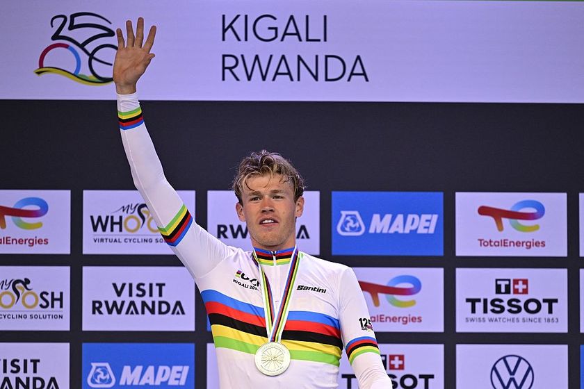 Swedish Jakob Soderqvist celebrates on the podium after winning the Men U23 Individual Time Trial race (31,2km) at the cycling road world championships, in Kigali, Rwanda, Monday 22 September 2025. The 2025 UCI Road World Championships take place from 21 to 28 September in Kigali, Rwanda.BELGA PHOTO DIRK WAEM (Photo by DIRK WAEM / BELGA MAG / Belga via AFP)