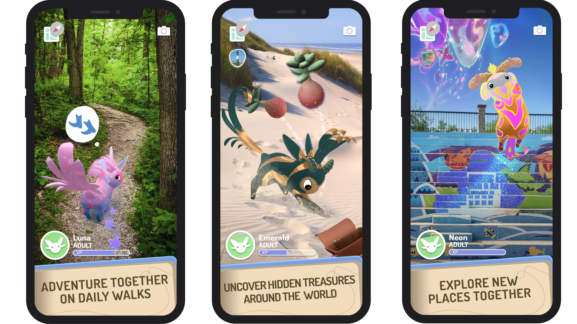 Mobile screenshots showing player activities with Peridots, including daily walks, finding treasure, and exploring new places