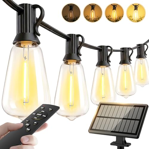 65ft-Solar-String-Lights-Outdoor-Waterproof-Solor-Powered-Patio-Light-Hanging-Outside-Backyard-Camping-Yard-Gazebo-Garden-Pergola-Bistro-Balcony-Cafe-Party-Fence-Lighting-Led With Edison Bulb &amp;amp; Remote