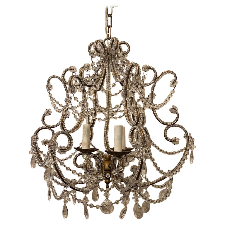 Merveilleux Lustre &amp;agrave; Fleurs En Perles Bagu&amp;egrave;s Italien Birdcage Crystal Gold Gilt